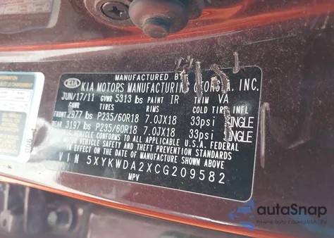 2012 Kia Sorento Sx V6 z USA, uszkodzony, nr VIN 5XYKWDA2XCG209582